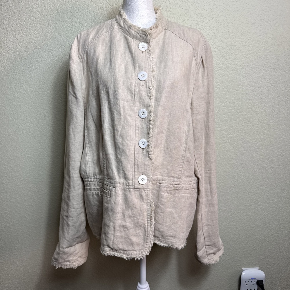 Charter Club Women's Blazer Beige Size XL Linen‎ Button Front Fringe Casual